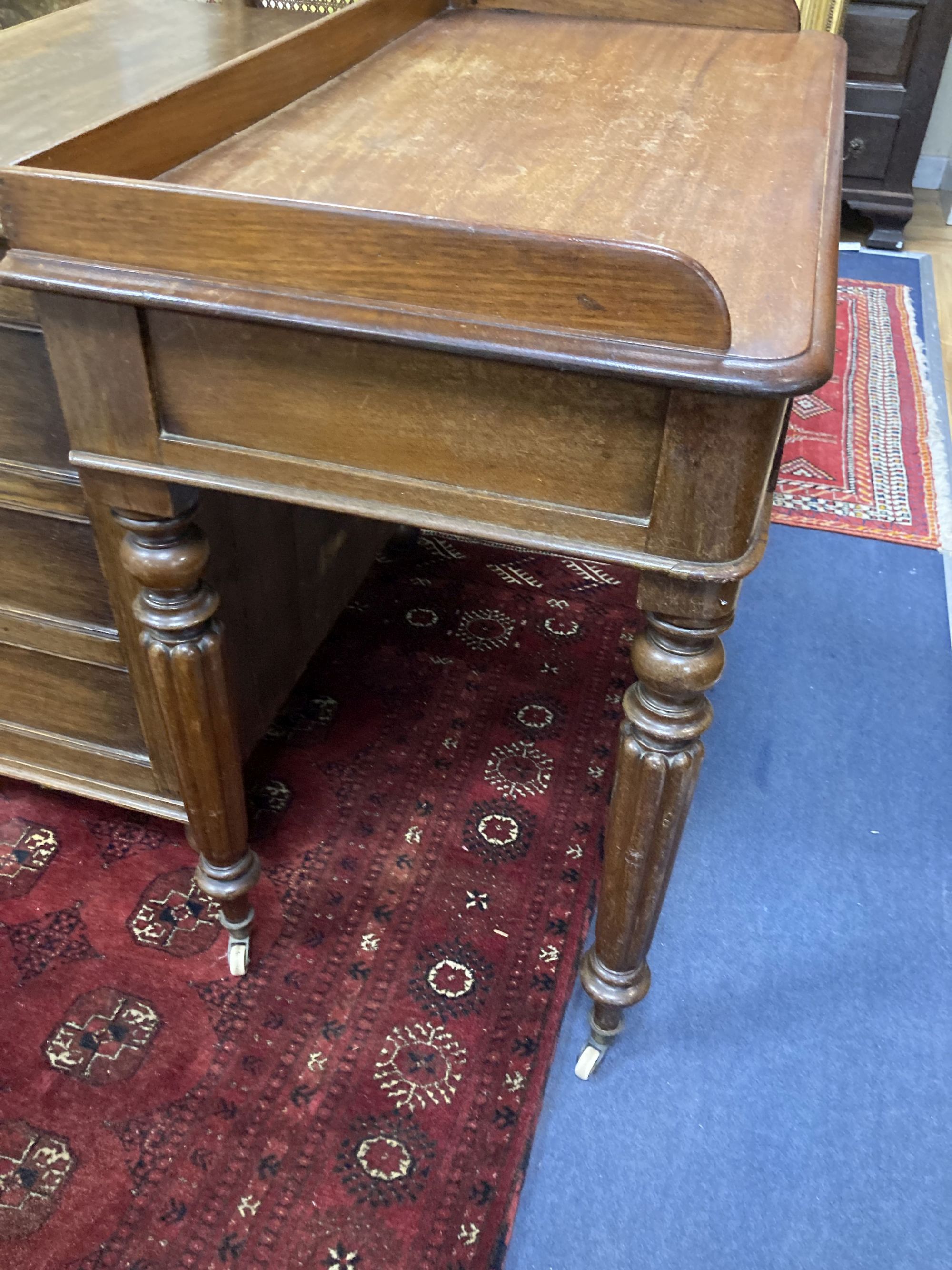 A Victorian mahogany two drawer side table, width 98cm, depth 50cm, height 82cm